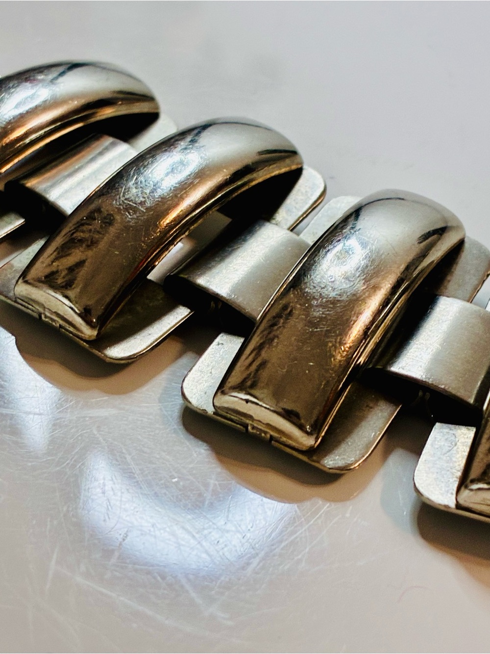 Silver-Tone Wide H-Link Bracelet Domed Rectangular Panels MCM Retro